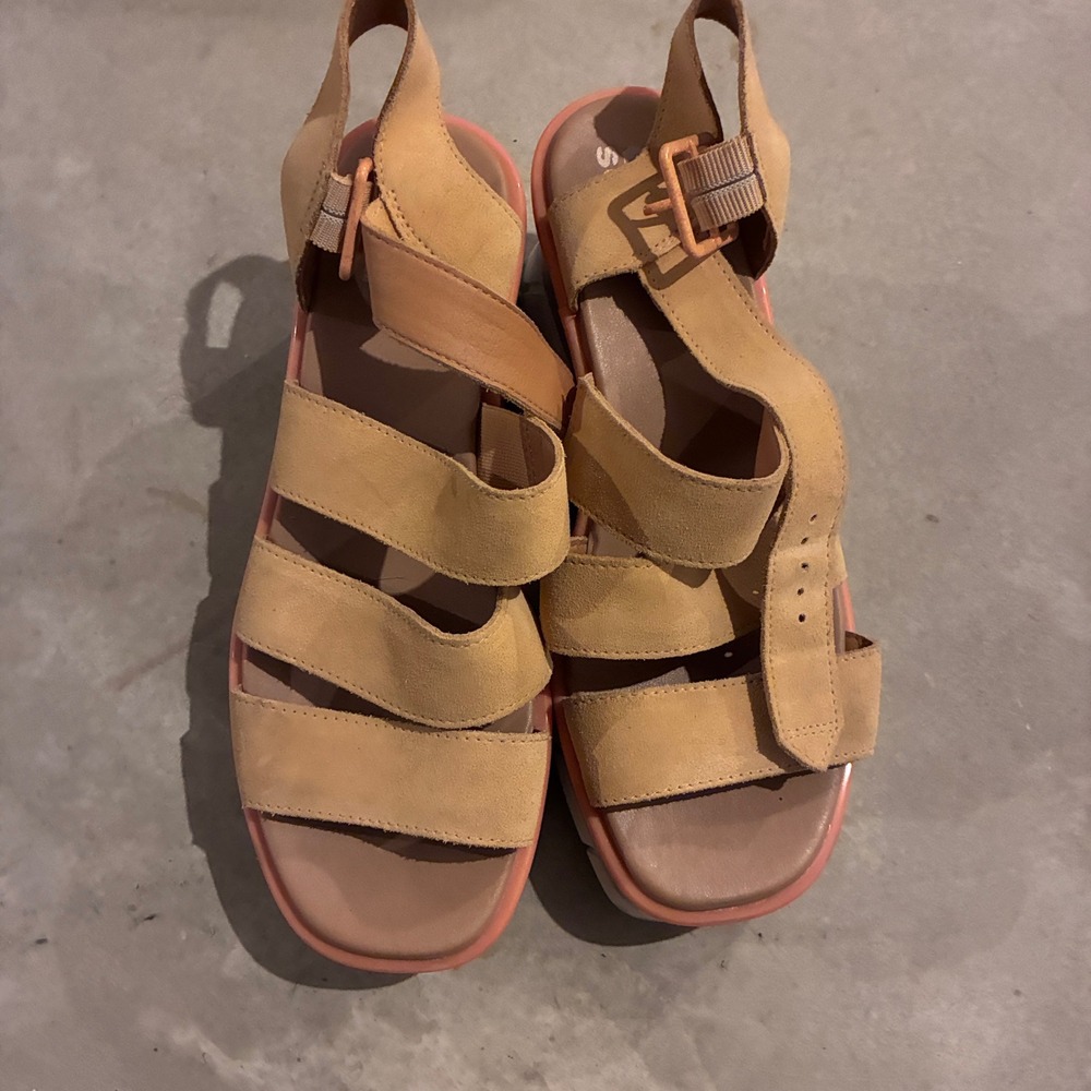Sorel Cameron Flatform Sandals Tan Coral Suede Wedge Womens 8 - Picture 2 of 8